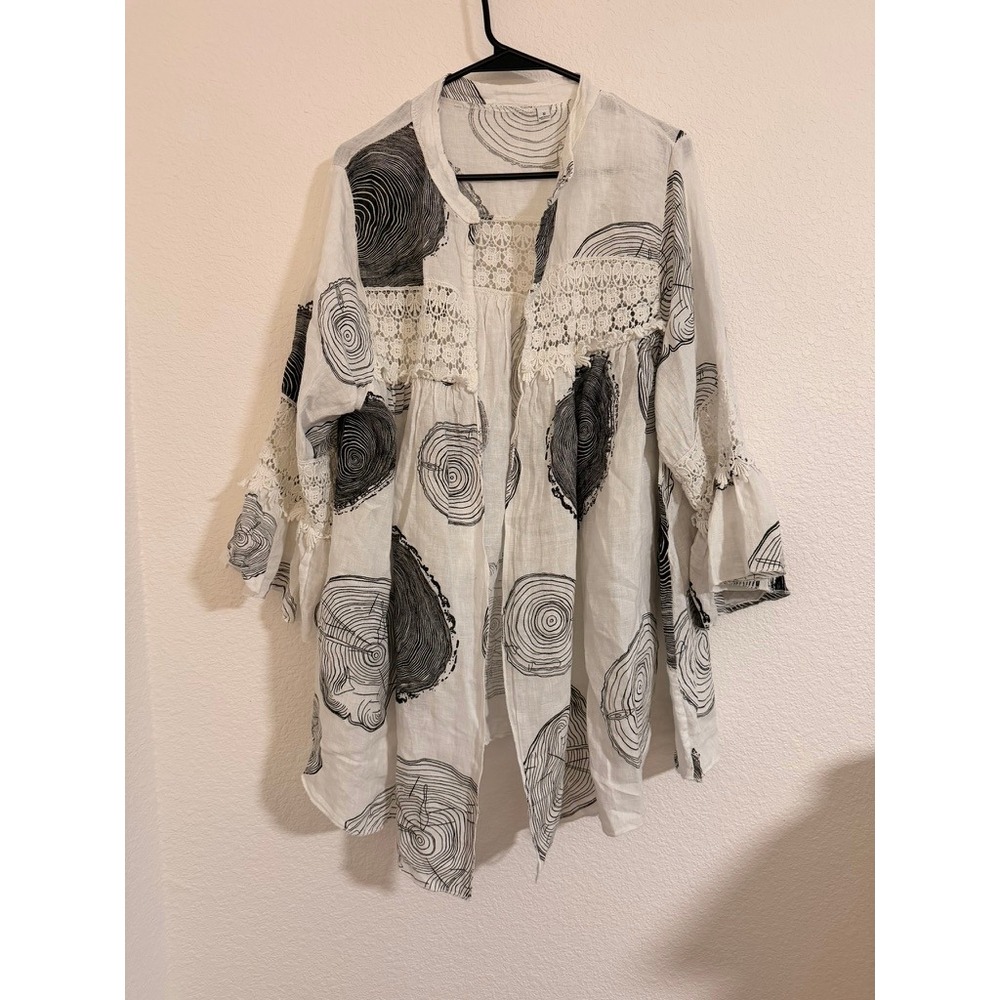 Made In Italy 100% Linen Open Front Cardigan/Kimono Crochet Lace M Art to Wear